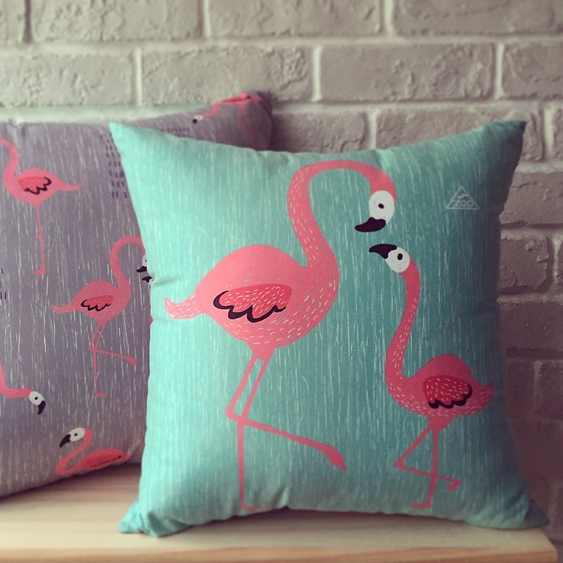Zoo Friends / Flamingo Double Sided Good Morning Pillow / 43cmx43cm Large Throw Pillow into the House Gift - หมอน - ผ้าฝ้าย/ผ้าลินิน สีเขียว