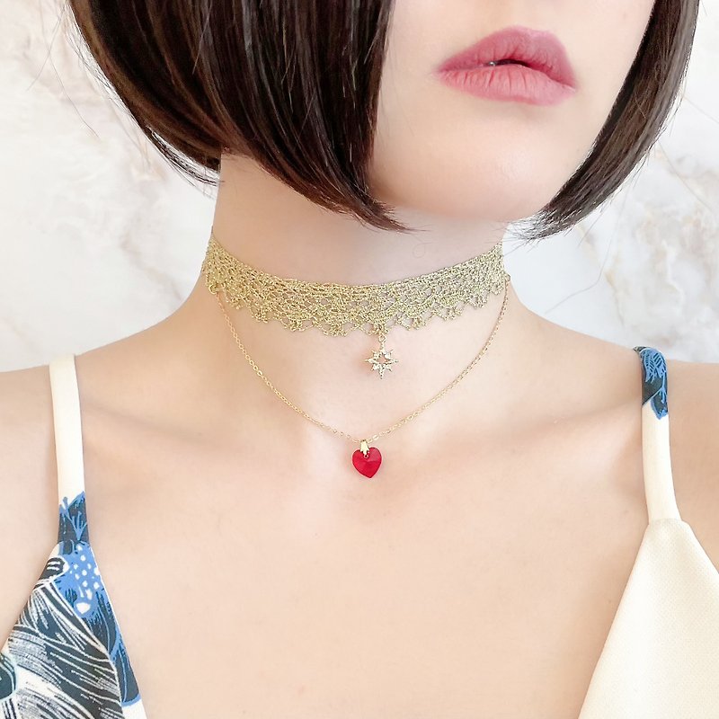 Gold / First Star and Love / Star and Heart Lace Choker SV074G - Chokers - Polyester Gold