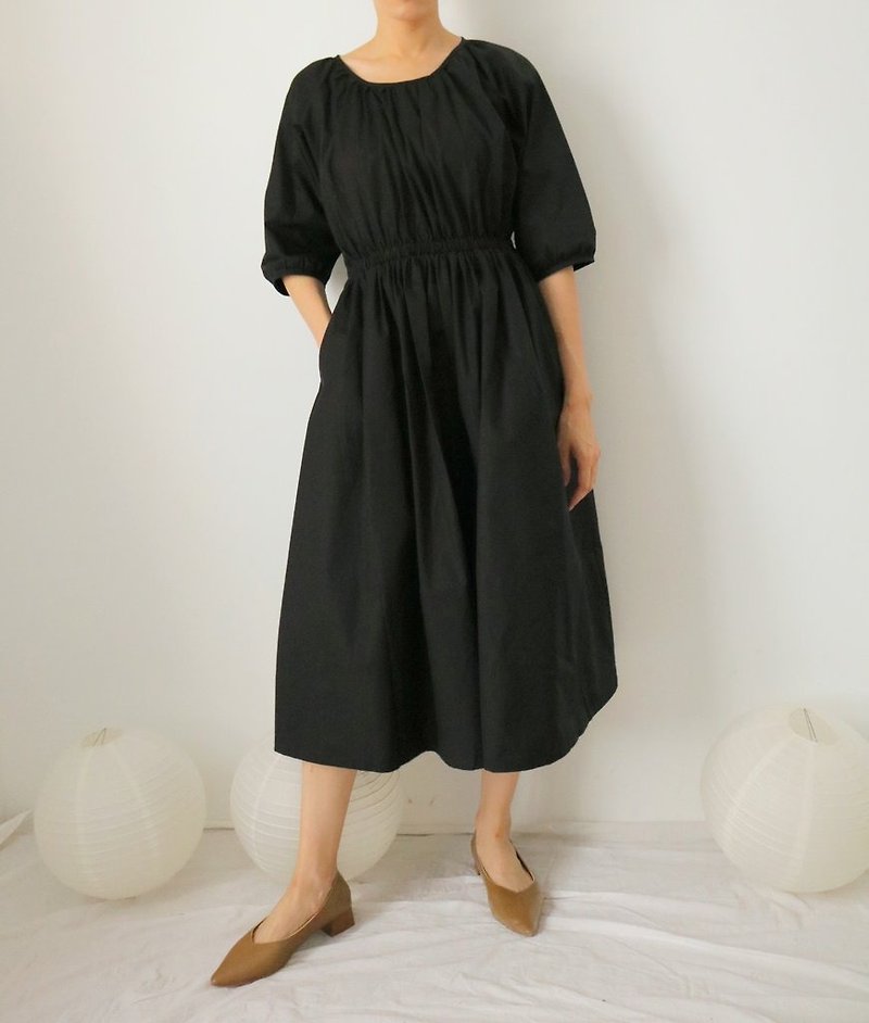 Mio Dress-Black Cotton Round Neck Elastic Waist Puff Sleeve Mid-length Dress Multicolor Custom-made - One Piece Dresses - Cotton & Hemp 