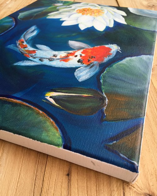 白い睡蓮】オリジナルのアクリル画。 i魚の夏の池の風景