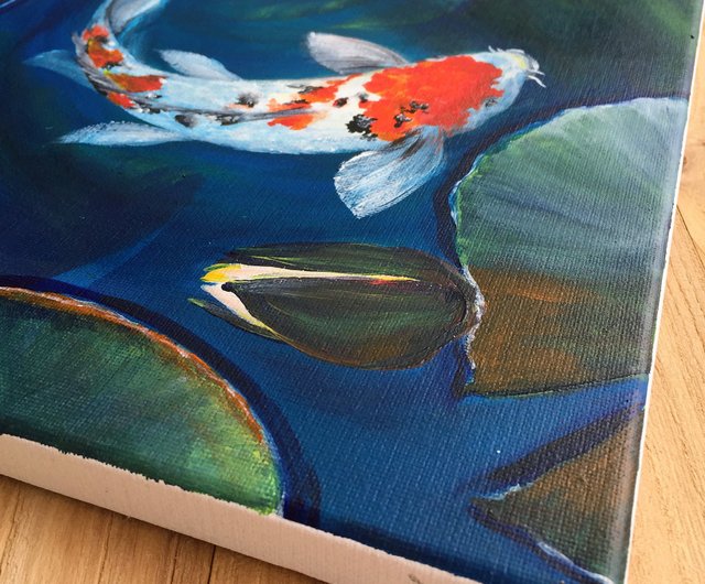 白い睡蓮】オリジナルのアクリル画。 i魚の夏の池の風景