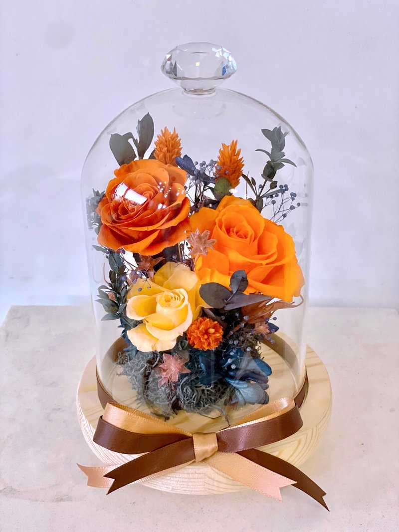 [Halloween Limited] Preserved Flower Glass Bell Jar/Large - Office, Home Decoration, Holiday Gift - ช่อดอกไม้แห้ง - พืช/ดอกไม้ สีส้ม