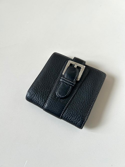 LA LUNE Vintage 日本鑑證古董品選物店 【母親節優惠】中古二手Loewe黑色皮革短夾小銀包零錢卡片手拿袋