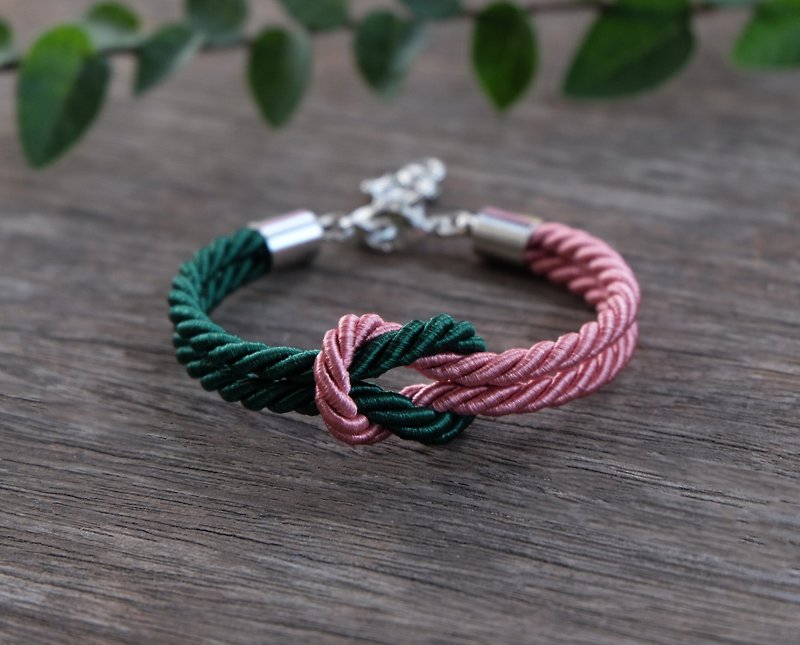 Dusty rose & Dark green knot rope bracelet - Bracelets - Polyester Green