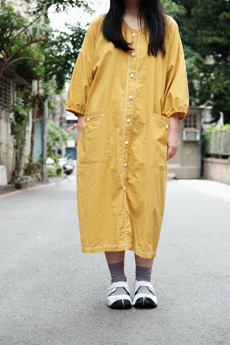 Japanese style mango yellow v-neck puff sleeve shirt dress - Women's Tops - Cotton & Hemp Orange