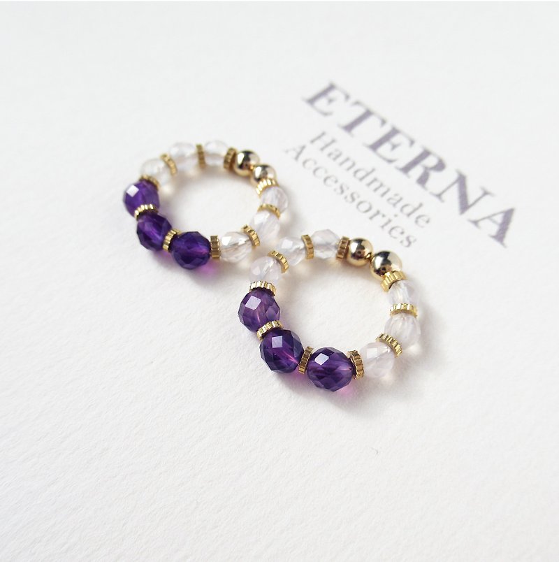 Amethyst and white calcedony, tiny hoop earrings 夾式耳環 - Earrings & Clip-ons - Stone Purple