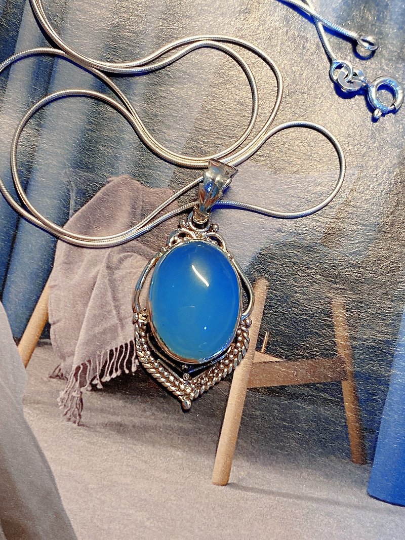天然 藍玉髓 墜子 手工製 925純銀 - 項鍊 - 半寶石 藍色