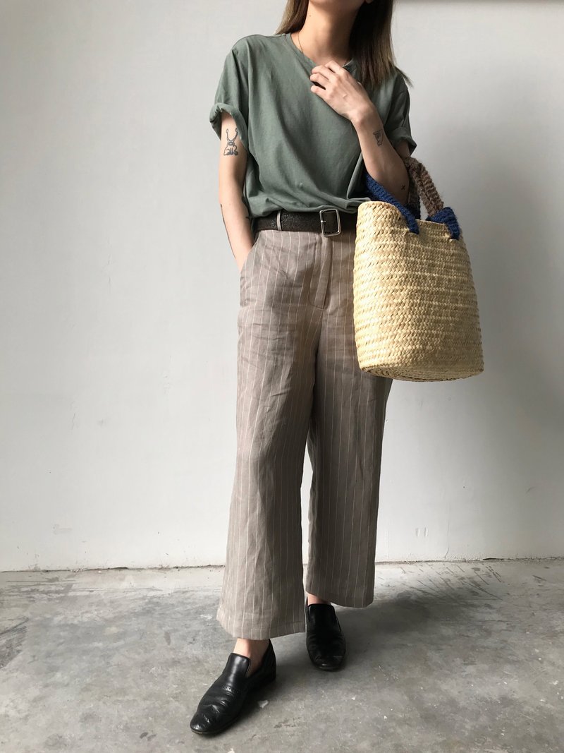 莫蘭迪綠 天然亞麻 條紋休閒寬褲 I Morandi Green Stripe Pants - 設計館 3rd Paradise 女長褲 ...