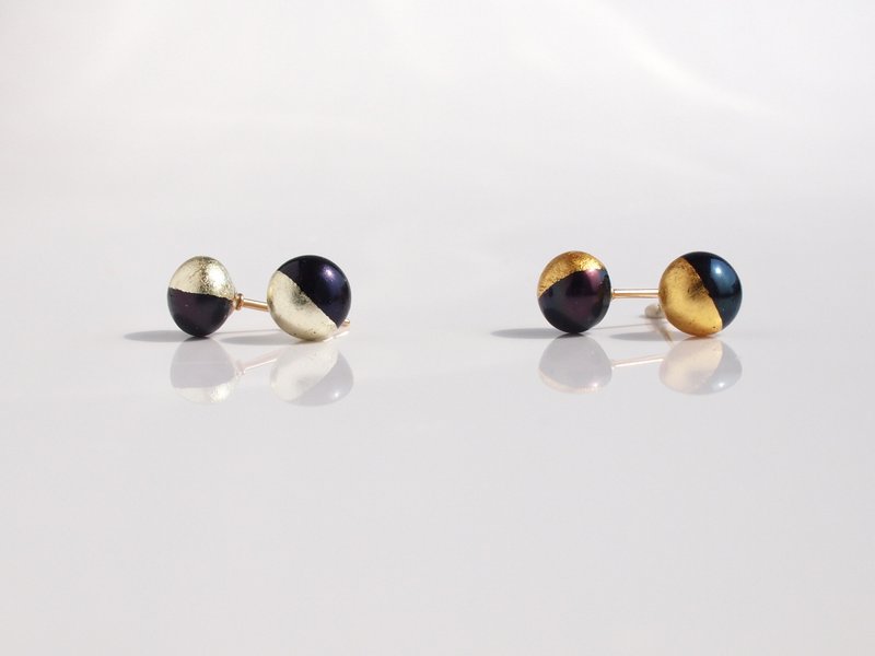 金箔パール  ピアス  black and gold  6.5mm  2色  淡水パール  金箔  14kgf  スタッドピアス - 耳環/耳夾/耳骨夾 - 珍珠 黑色