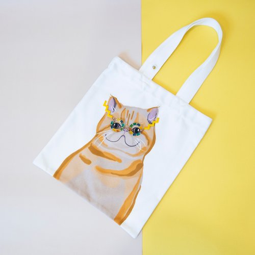 Be WILD-遍野 貓咪雙面插畫帆布包白色-眼鏡加菲貓