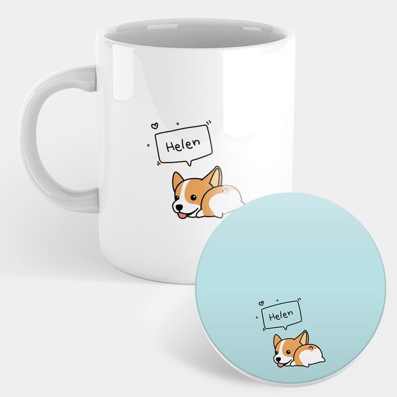 Customized Gift Corgi Dialog Box English Name Mug Coaster PU008 - แก้วมัค/แก้วกาแฟ - เครื่องลายคราม ขาว