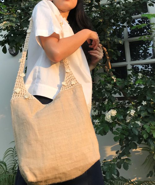 PS.By Hand. Crochet Tote Bag Hemp,Cotton Flower Vine|Beige