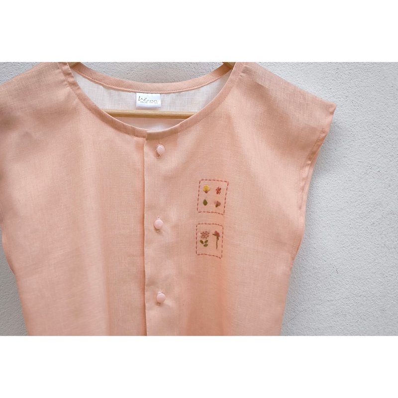 Embroidery | Linen | Round neck shirt, Peach - 女上衣/長袖上衣 - 棉．麻 粉紅色