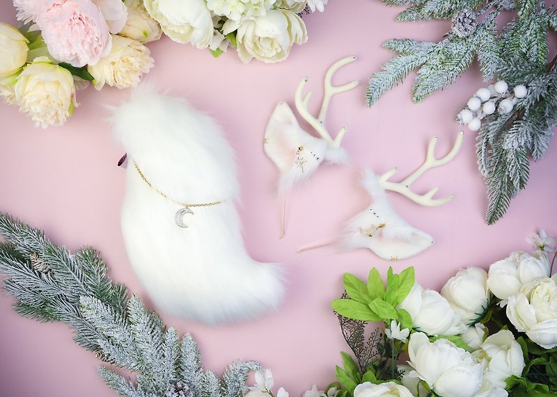 White Deer Ears and Tail Set Faux Fur Ears and Tail Set - Hair Accessories - Other Man-Made Fibers White