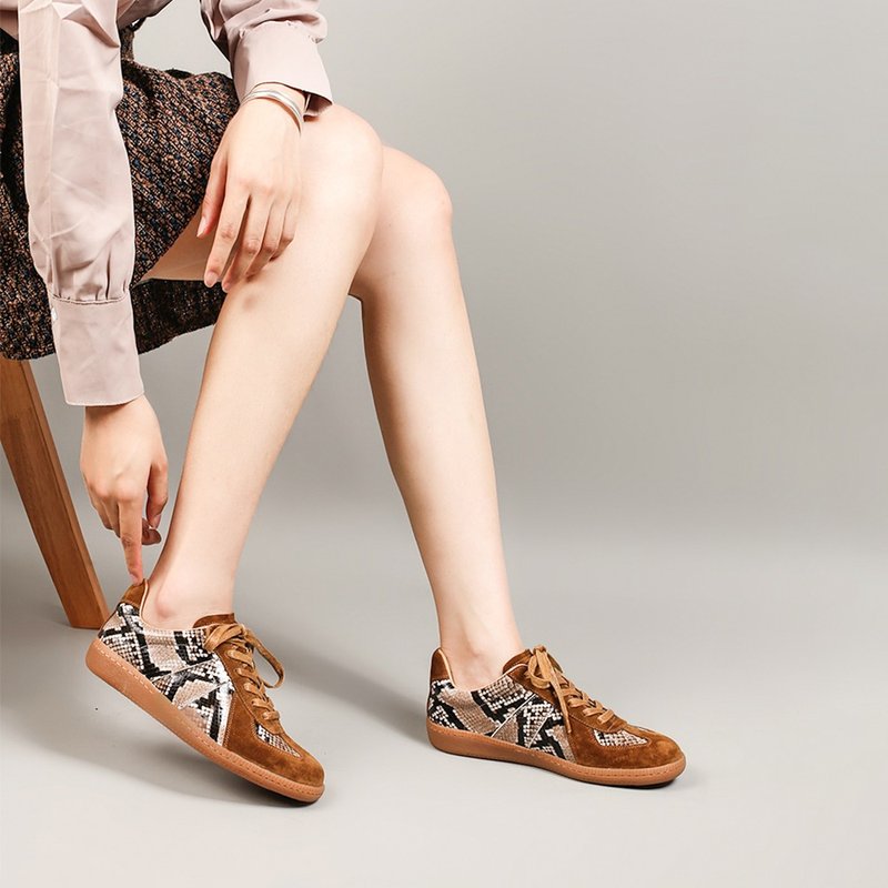 Forrest Gump shoes snake pattern stitching women's shoes lace-up genuine leather women's shoes - Women's Leather Shoes - Genuine Leather Brown