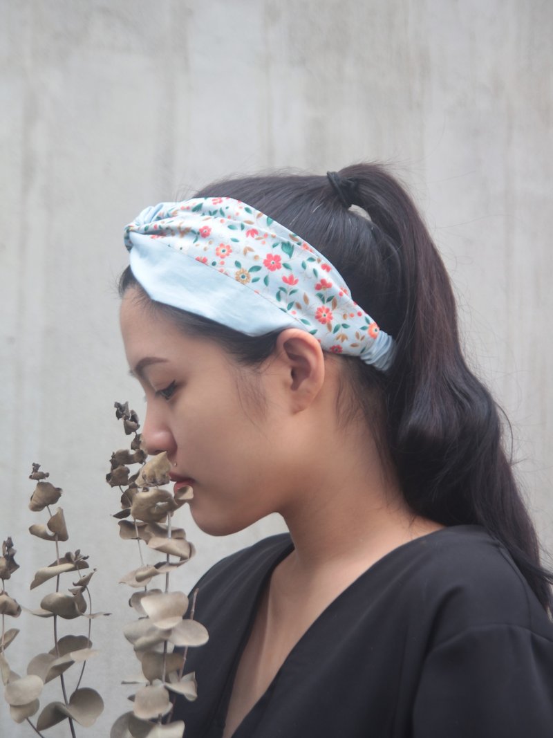 Small scenery color matching Japanese cotton handmade cross elastic headband - ที่คาดผม - ผ้าฝ้าย/ผ้าลินิน สีน้ำเงิน