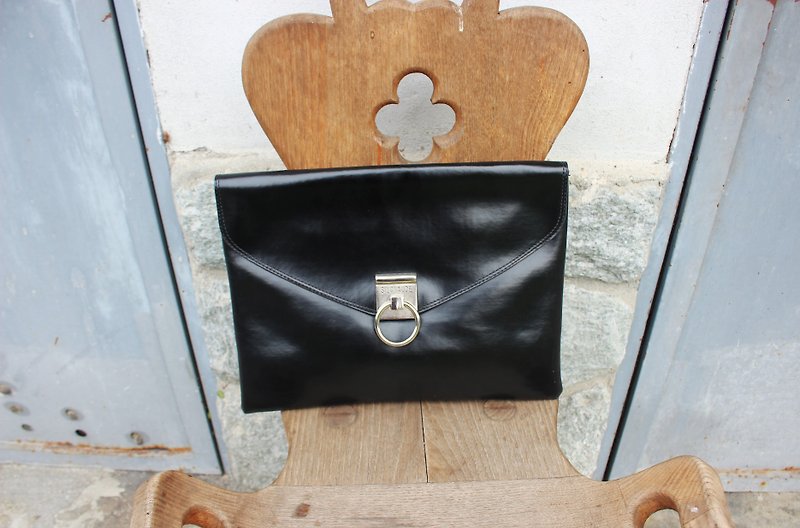 B104 [Vintage Leather] (Italian system) SILCLAUDE within black fine green Plaid attached envelope bag in hand - อื่นๆ - หนังแท้ สีดำ