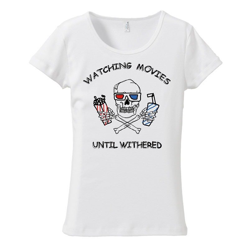 [Women's T-shirt] Watch a movie - เสื้อยืดผู้หญิง - ผ้าฝ้าย/ผ้าลินิน ขาว