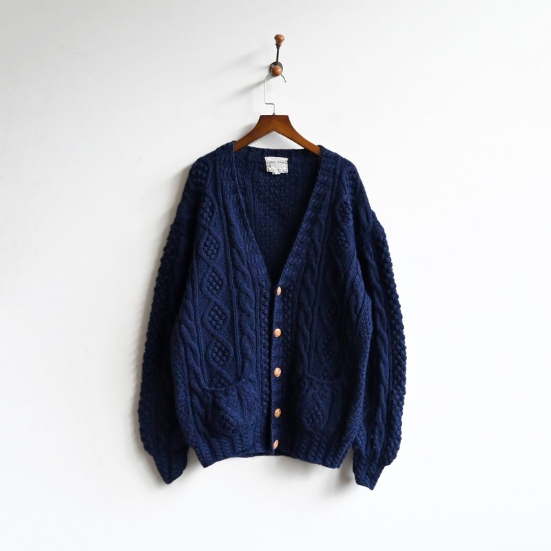 [Egg Plant Vintage] Cold Night Pure Wool Thick Wool Woven Flower Cardigan Vintage Sweater Jacket - Women's Sweaters - Wool Blue