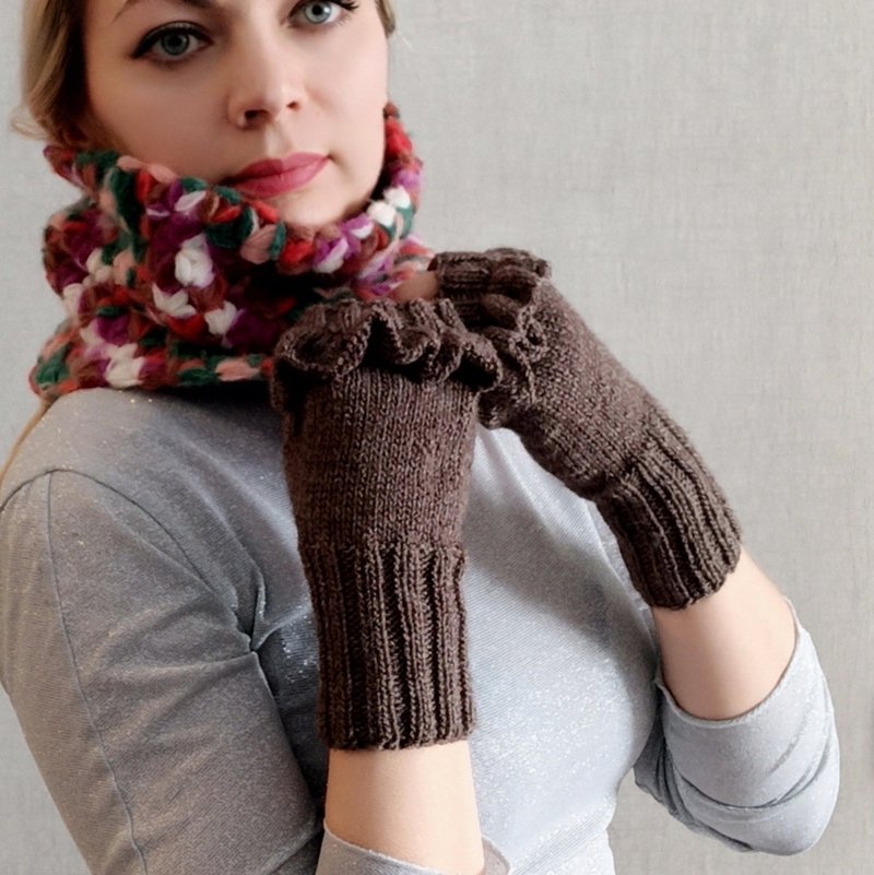 Wool fingerless gloves with design mittens for women her brown
