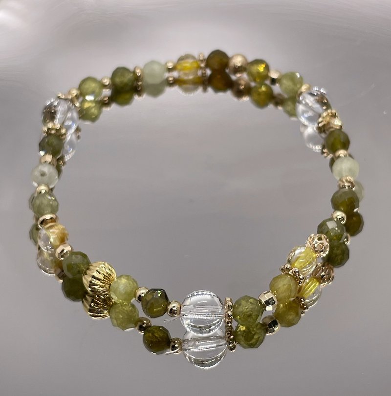 C230902//Tsavorite titanium white crystal bracelet//Green Christmas with an orange twist - Bracelets - Crystal 