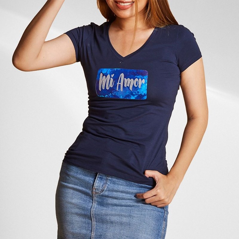 Mi Amor metallic glitter print with toner splash back - Women's T-Shirts - Cotton & Hemp Blue