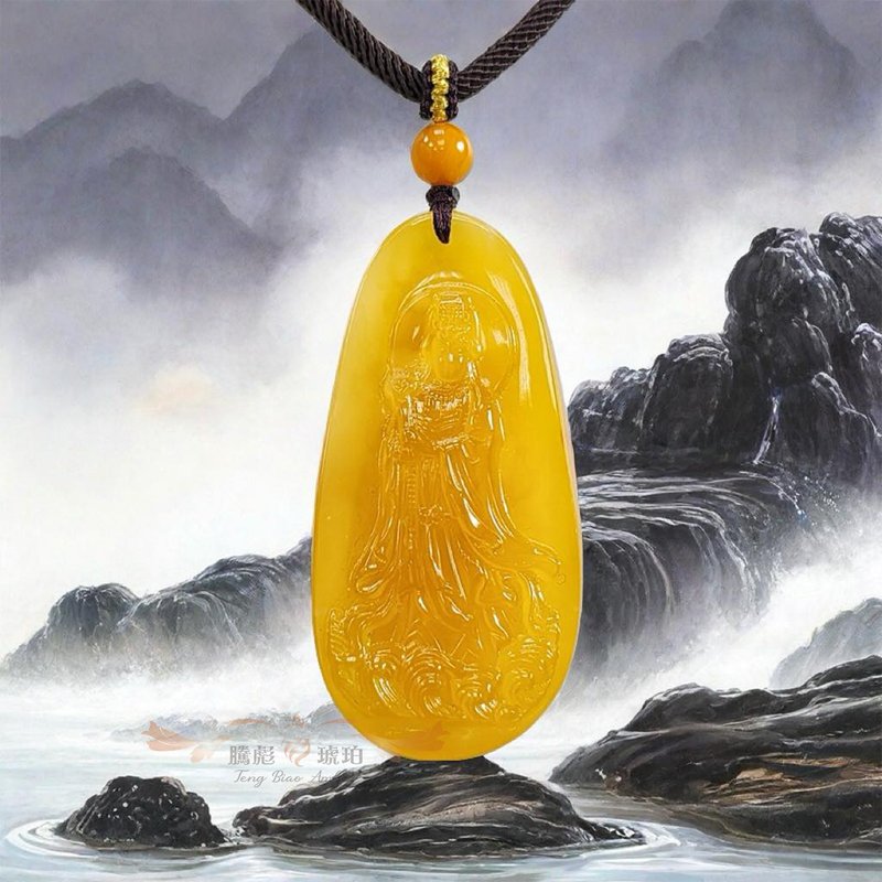 Tengbiao Amber Natural Baltic Sea Chicken Oil Yellow Wax Mazu Empress Transforms Evil Security Tag Necklace - สร้อยคอ - เครื่องเพชรพลอย สีส้ม