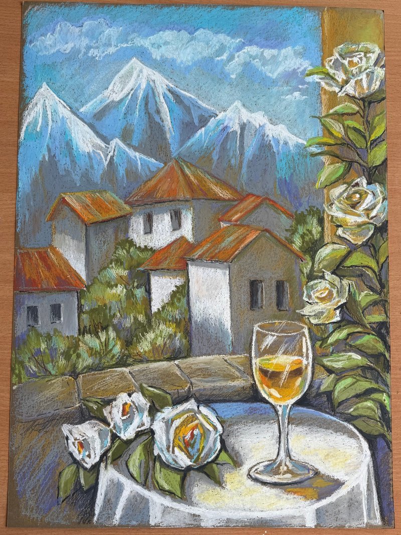 Summer afternoon roses oil pastel drawing panting still life wineroofs of houses - 壁貼/牆壁裝飾 - 紙 藍色