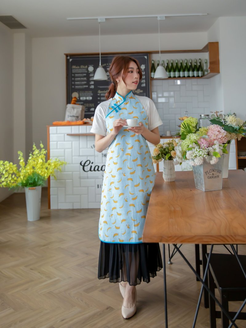 Banana fruit cheongsam style apron - อื่นๆ - ผ้าฝ้าย/ผ้าลินิน สีน้ำเงิน