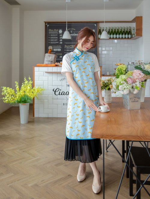 ハンドメイド☆妖精柄チャイナドレス風エプロン☆黒×ピンク今治タオル