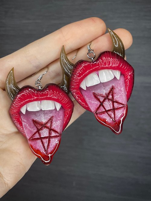 Polymer Diary Earrings. Red lips with horns and pentacle.
