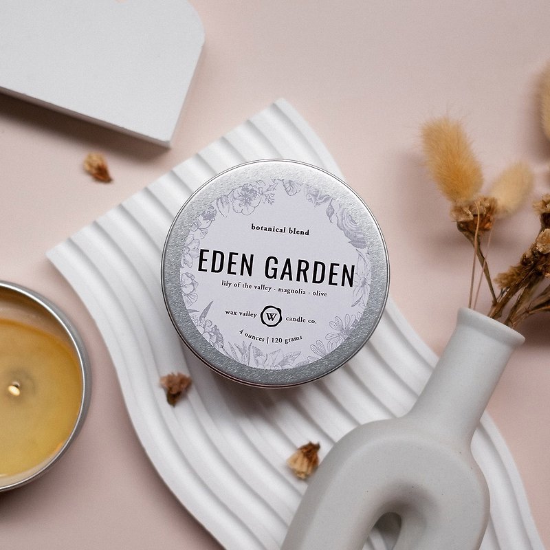Soy Candle Eden Garden Blend Travel Tin - Lily of the valley, Magnolia & Olive - Candles & Candle Holders - Other Materials Silver