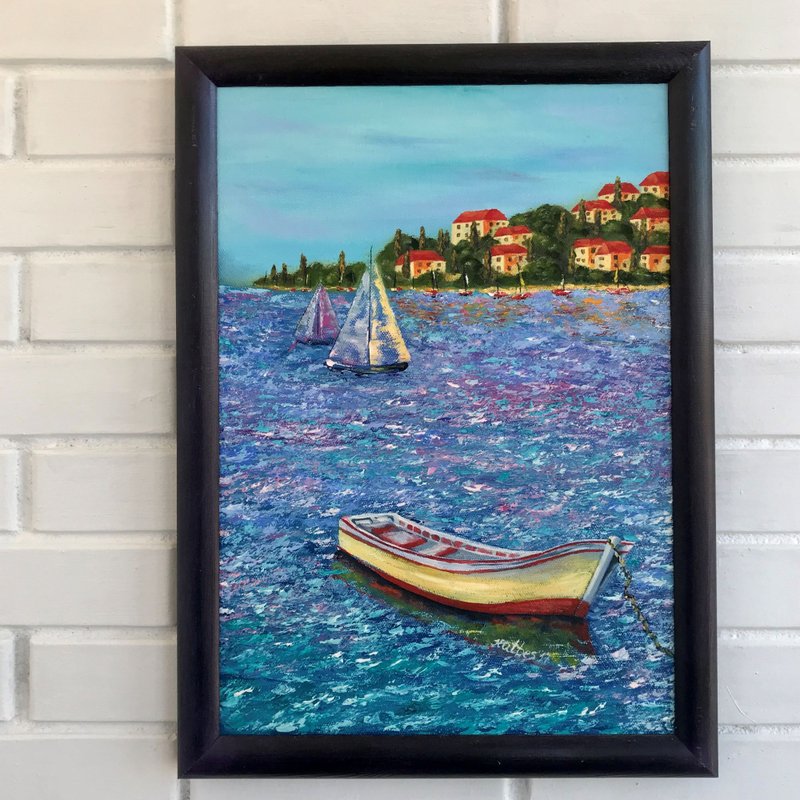 帆船绘画原创艺术海景拉伸帆布多彩海洋绘画 - 壁貼/牆壁裝飾 - 其他材質 藍色