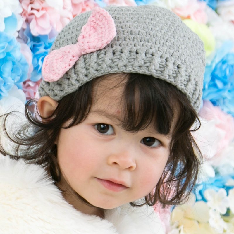 Cutie Bella手工編織帽Bow-Gray/Pink - 嬰兒帽子/髮帶 - 棉．麻 灰色