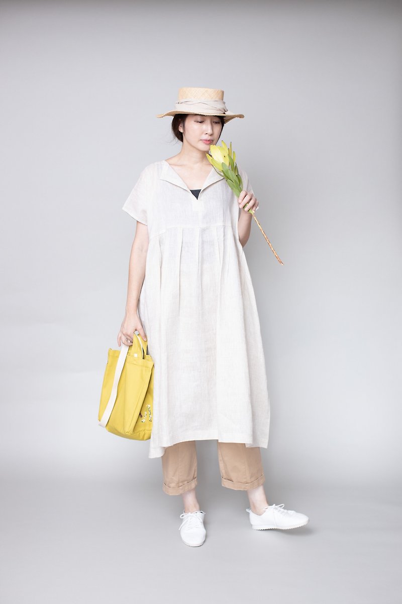 Linen forest embroidery long top dress beige - One Piece Dresses - Cotton & Hemp Khaki