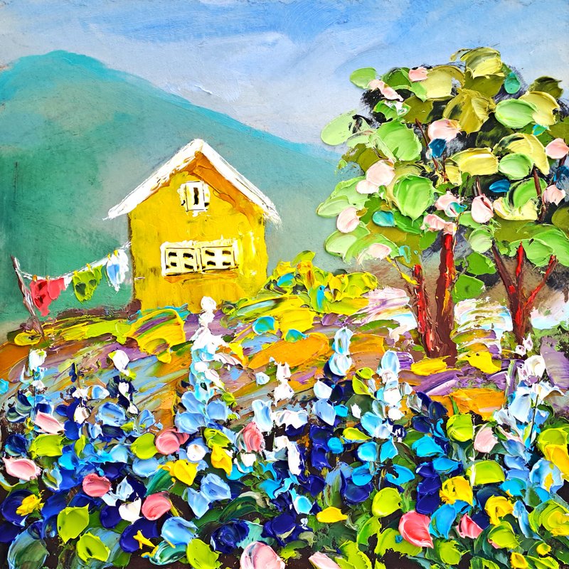 Bluebonnet Painting Texas Original Art Cottage Oil Painting Clothesline Art - 海報/掛畫/掛布 - 其他材質 多色