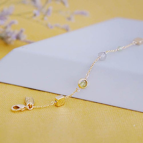 Ficelle 財運 x 拉長石 橄欖石 6月 8月 誕生石 18K【老月光。荷桂】手鍊