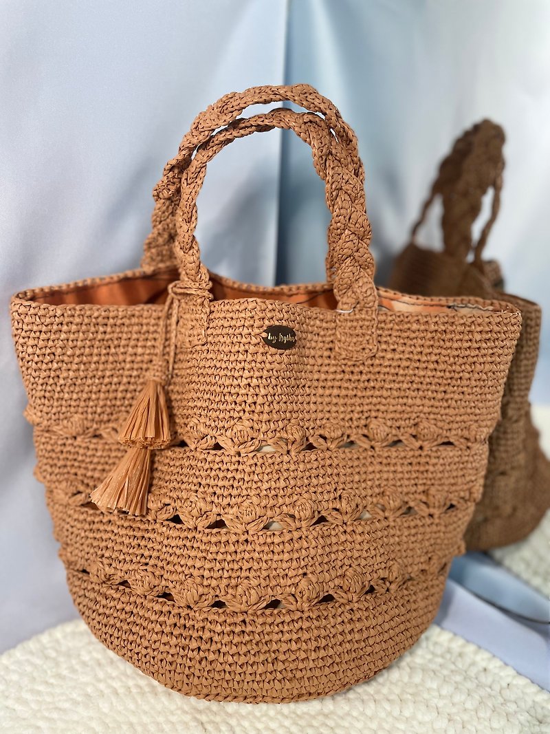 Raffia beach bag, beach bag, straw beach bag, strow bag, handmade bag - 化妝袋/收納袋 - 聚酯纖維 咖啡色