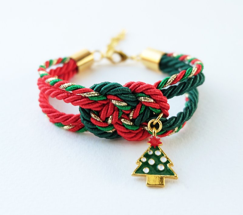 Christmas gift collection , Red/Green/Gold infinity knot rope bracelet with Christmas tree charm - สร้อยข้อมือ - วัสดุอื่นๆ สีแดง