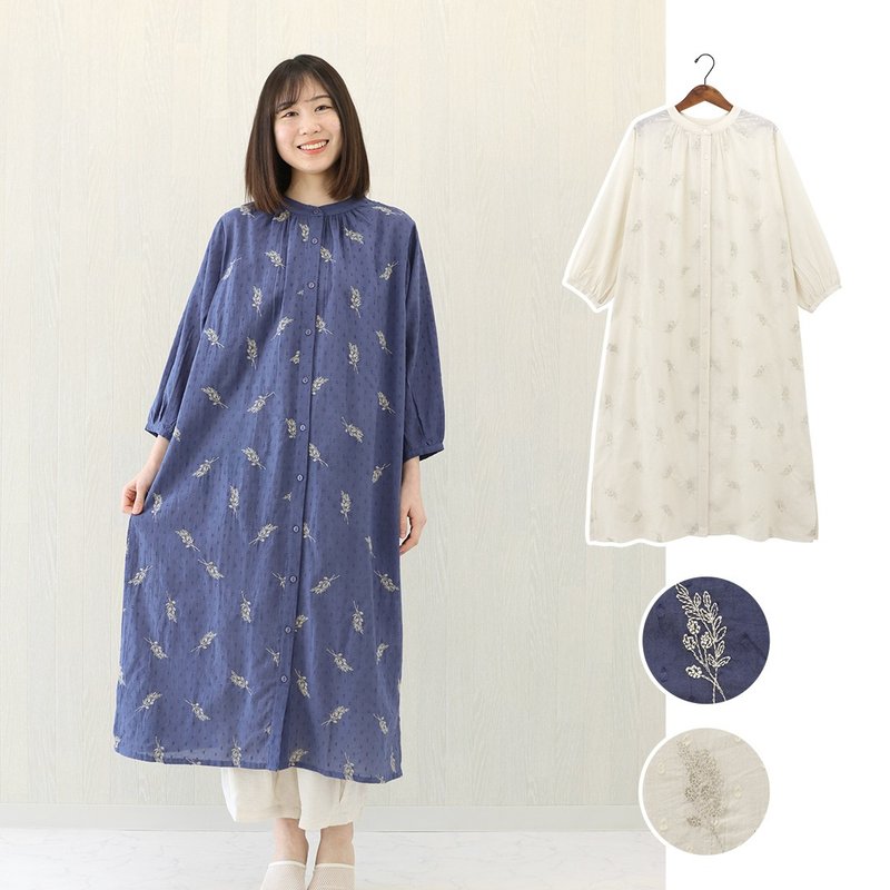 【預訂】印度製 植物刺繡九分袖連身裙 - 女上衣/長袖上衣 - 棉．麻 藍色