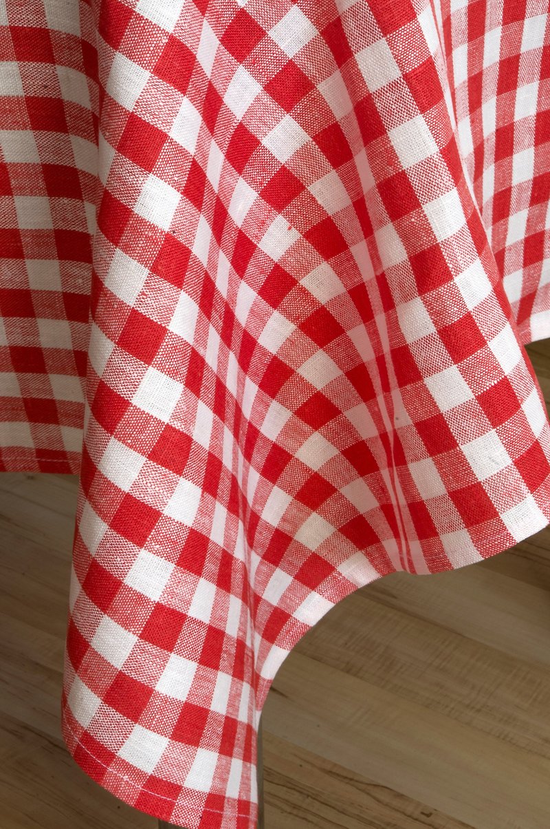 Red white checkered linen tablecloth, festive tablecloth, farmhouse tablecloth - 被/毛毯 - 亞麻 紅色
