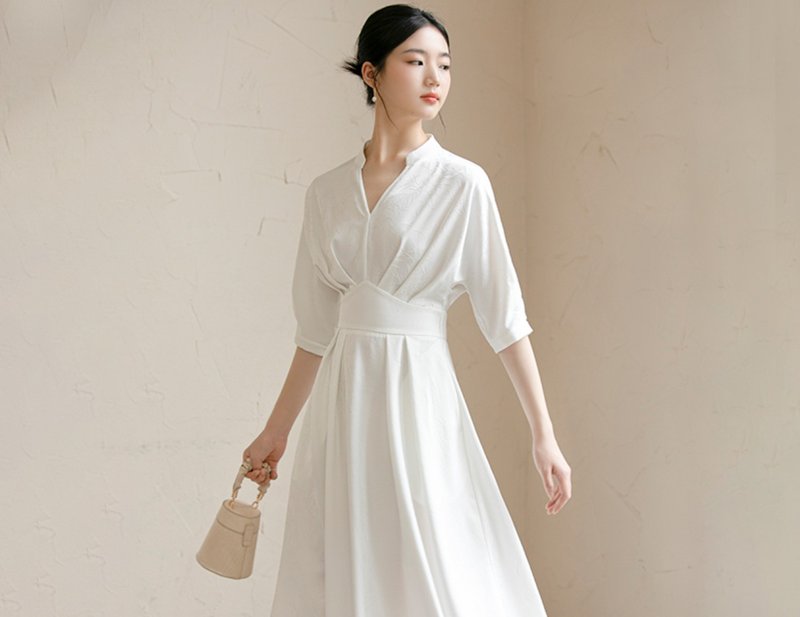 New Chinese style high-end elegant waist-cinched white shirt dress - One Piece Dresses - Silk White