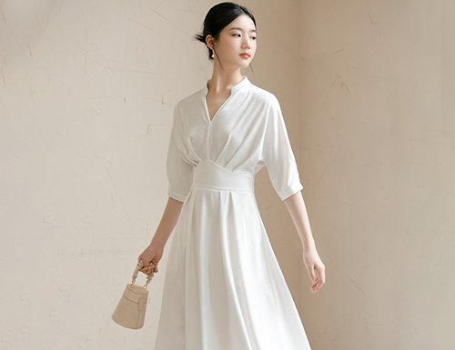 初蟬 新中式 高端優雅氣質收腰白色襯衫洋裝