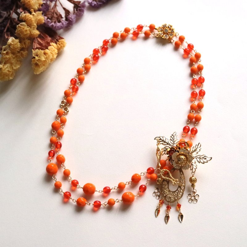 Sunken Fish Beauty Demi Parure Short Long 2way Elegant Classy Costume Jewelry Set Coordination Double Strand Orange - สร้อยคอ - แก้ว สีส้ม