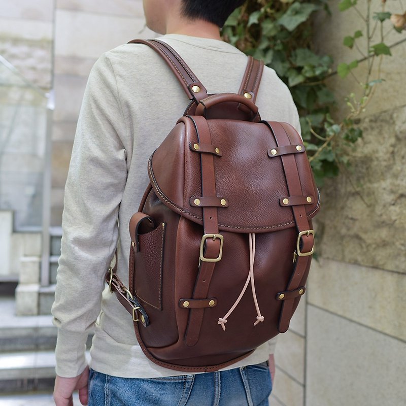 Japanese craftsman handmade leather classic double-button backpack R-152 - 3 colors in total - Backpacks - Other Materials Multicolor