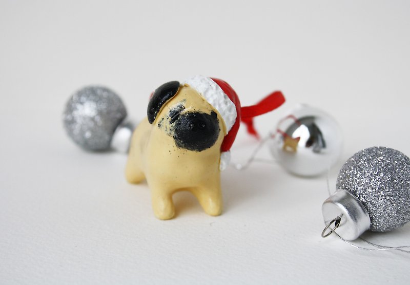 Pug Dog Santa Claus Ornament Christmas Tree - ตุ๊กตา - ดินเหนียว ขาว