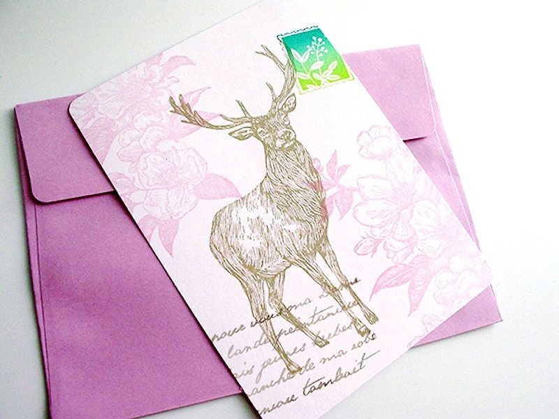 Apu橡皮章手工盖印明信片 花與鹿 - 卡片/明信片 - 紙 
