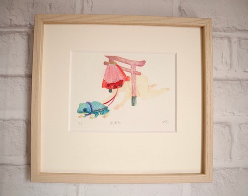 Chie kuroda/woodblock artist 裱框木版畫、明信片尺寸、說明