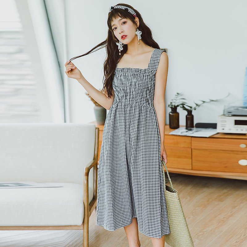 Anne Chen 2018 summer new style literary women's chest to fight small lattice dress dress - One Piece Dresses - Polyester Multicolor