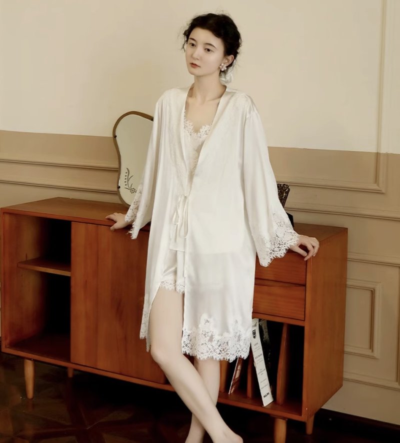法式復古 真絲結婚晨袍 桑蠶絲新娘睡袍 - 居家服/睡衣 - 絲．絹 多色